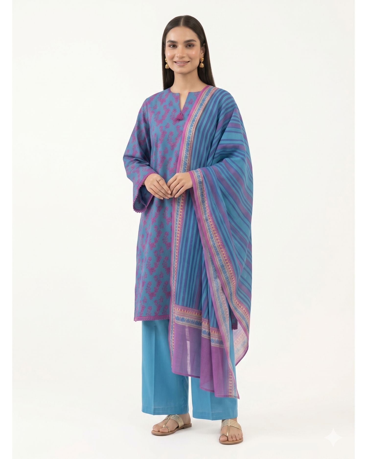 Sapphire 3 Piece Printed Lawn Suit – Pink & Blue